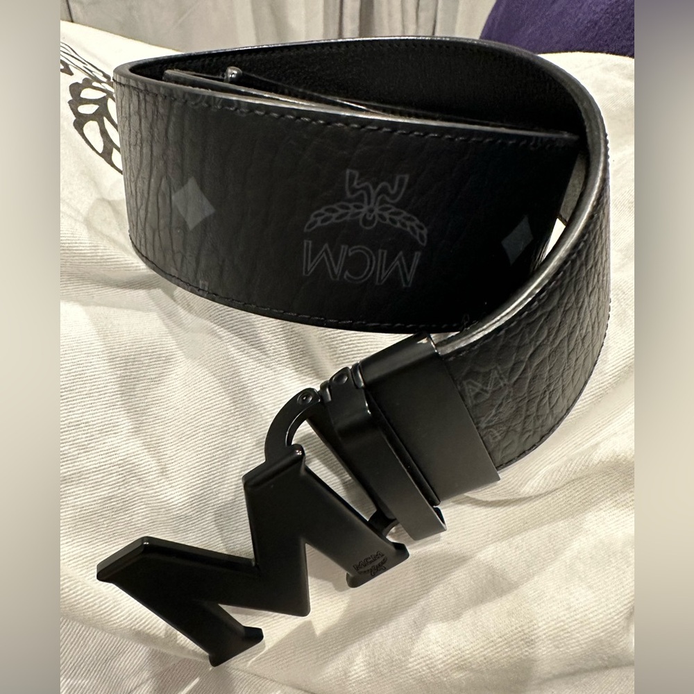MCM Black Leather Logo Belt